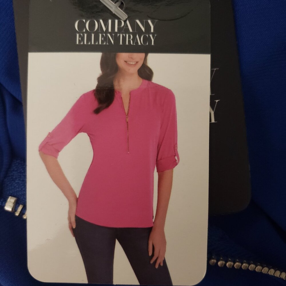 NWT Ellen Tracy Company Top L Zip Front Roll Tab Cuffs Blue - Picture 7 of 10